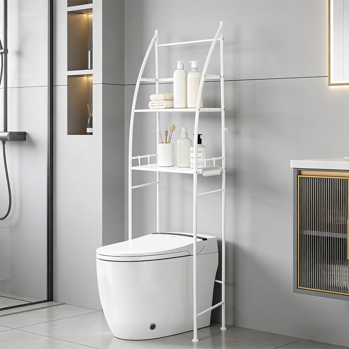 PIPIPOXER Wc Opbergrek - Wc meubel - Wc kast - opbergrek metaal - Ruimtebesparend Boven Toilet/Wasmachine - Badkamerrek 3-Laags-165x46x25cm-wit