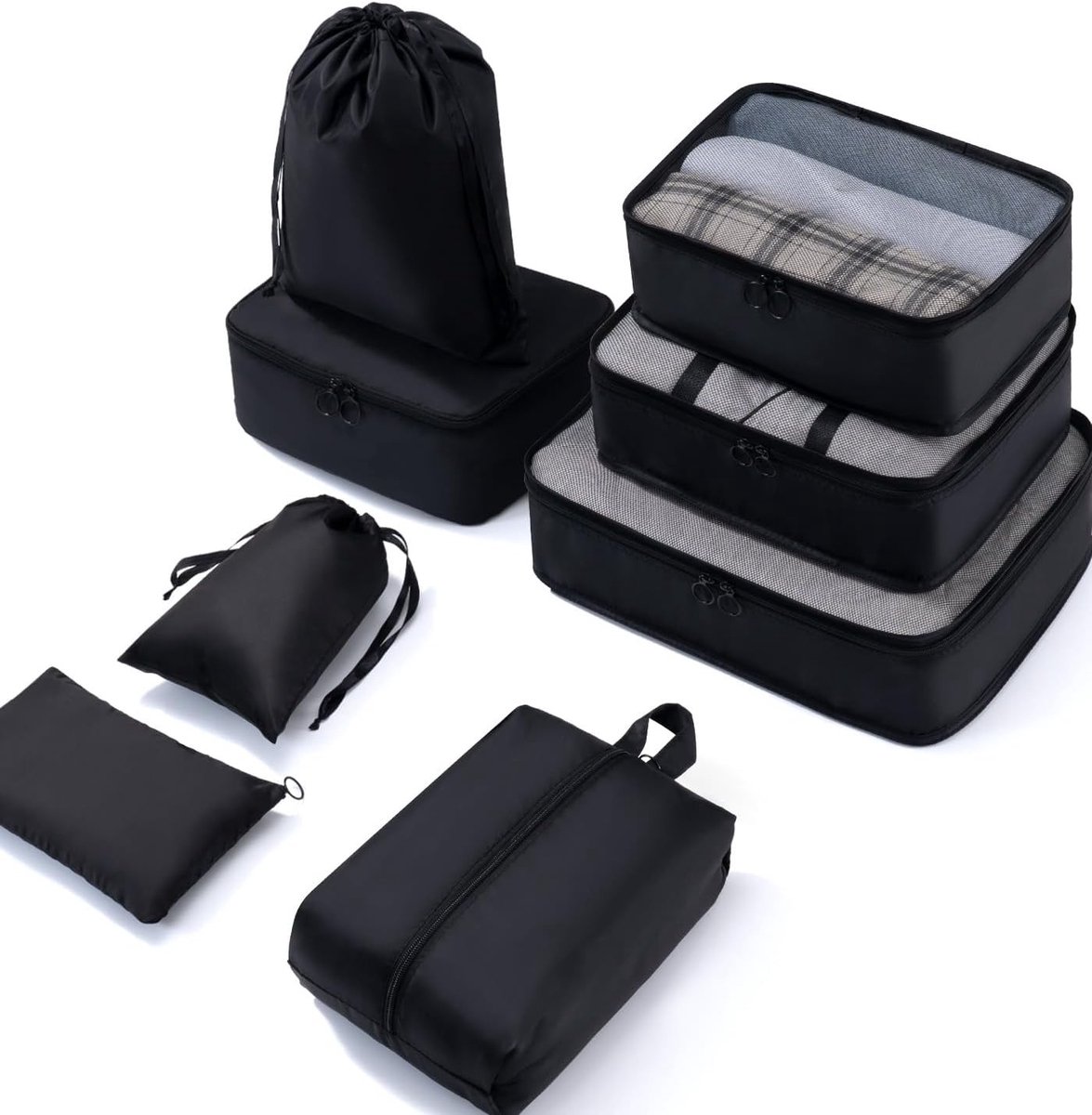 8-delige Opbergset voor Koffers, Organizers voor Vakantie en Reizen, Ideaal voor Camping en Zomeruitjes, Zwart