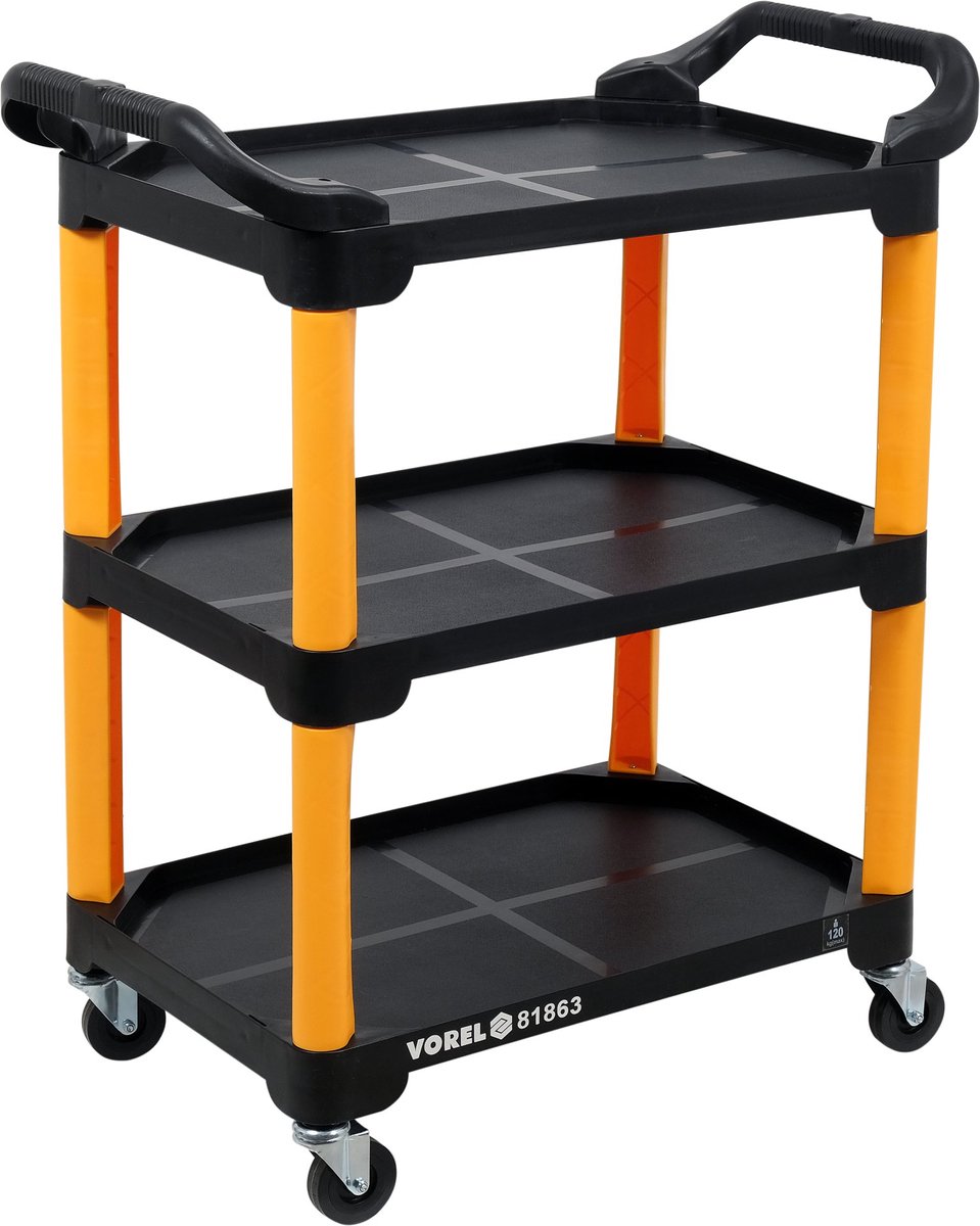 YATO Professionele Kunststof Werkplaatswagen & Servicewagen – 3 Etages (Max. 120 kg) – 965 x 810 x 435 mm – Extra Stevig PP (3 mm) – Met Zwenkwielen (Ø 75 mm) & Handgrepen