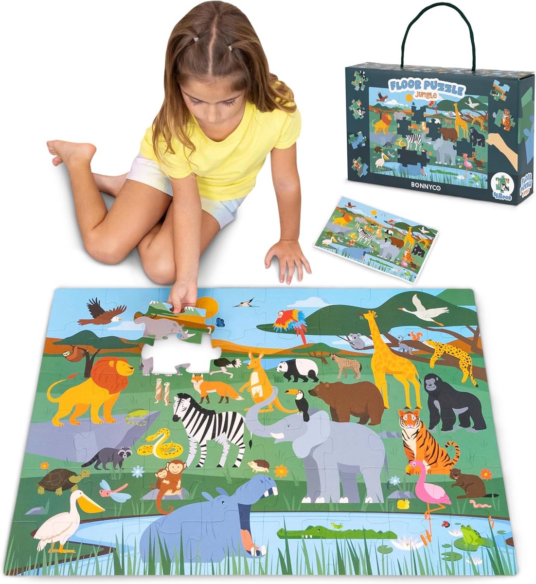 Vloerpuzzel Kinderen - Jungledieren Puzzel 48 Stukken - Grote Safari Puzzel - Educatief Speelgoed - 92 x 62 cm