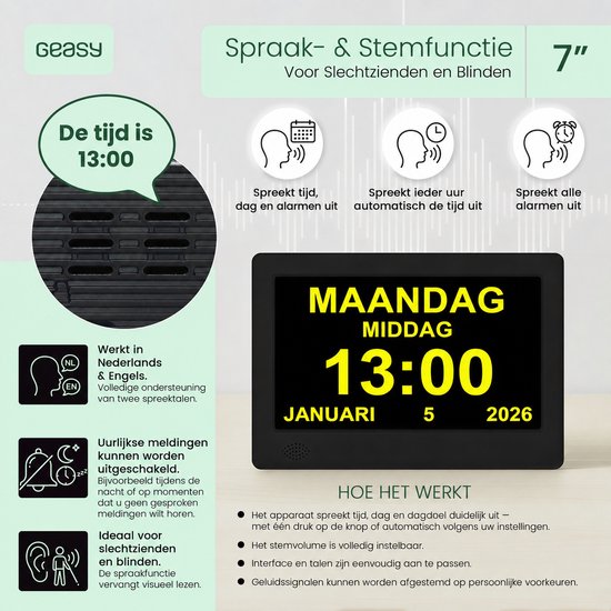 7-inch digitale klok met spraakfunctie: maandag middag 13:00, 5 januari 2026. Spreekt tijd, dag en alarmen. Ideaal voor slechtzienden en blinden.