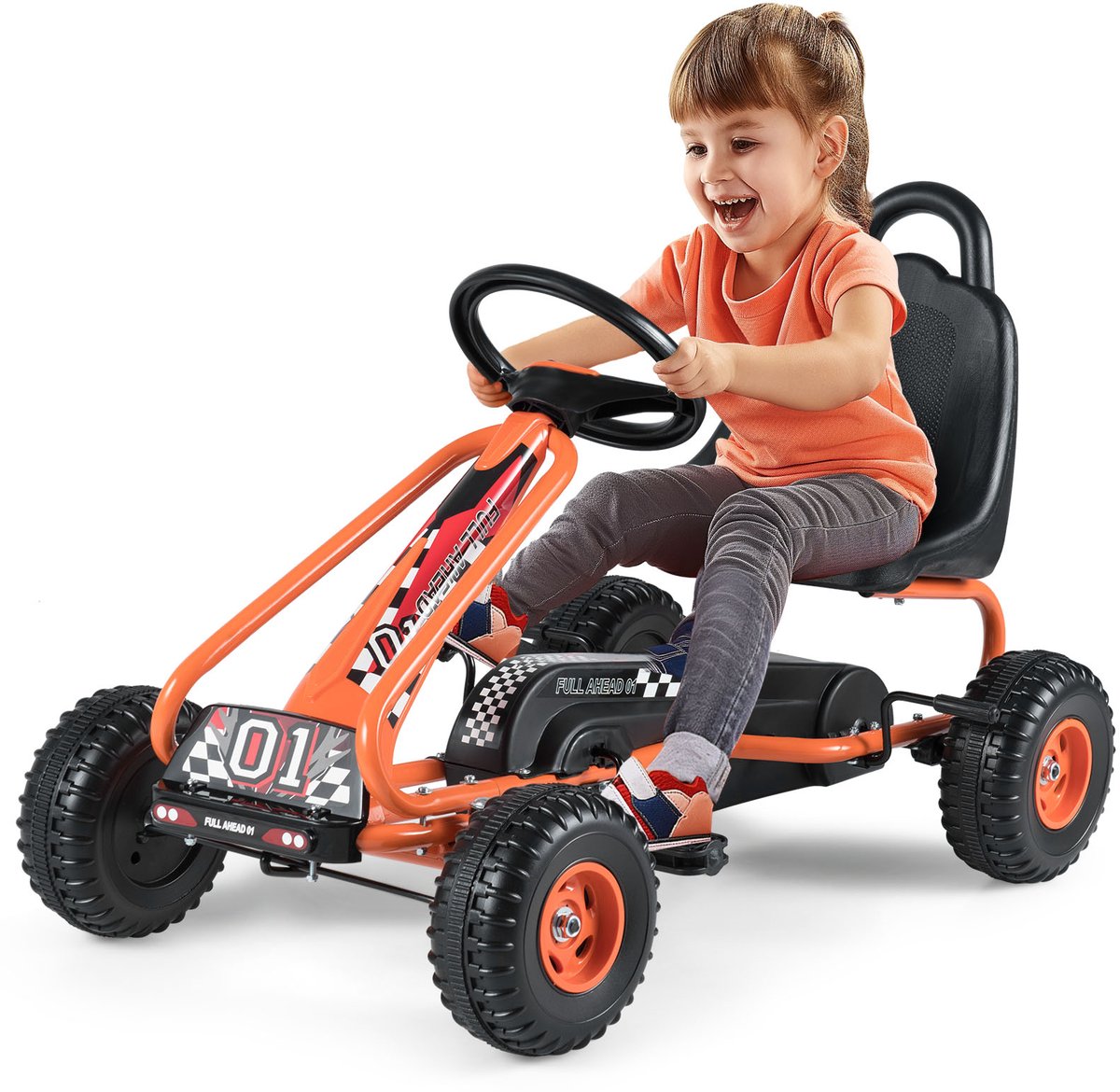 COSTWAY Gokart met verstelbare zitting, Go Kart met handrem, trapauto tot 30 kg belastbaar, Pedal Go Cart, trapvoertuig, pedaalvoertuig, kindervoertuig voor kinderen vanaf 3 jaar (Oranje)