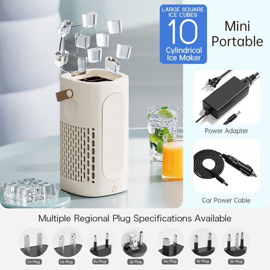 Draagbare mini-ijsmachine voor op tafel - Mini-ijsmaker - Snel ijs maken - Compact en klein - Met leren handvat - IJsblokjesmachine - Geschikt voor thuis, kantoor, kamperen, camper, feestjes en drankjes - Crème wit — afbeelding 2