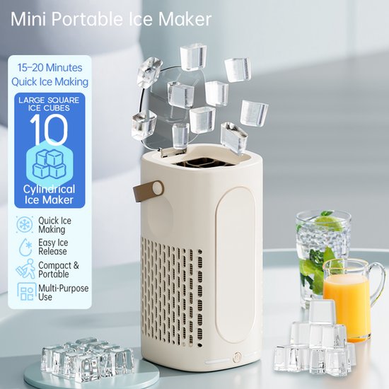 Draagbare mini-ijsmachine voor op tafel - Mini-ijsmaker - Snel ijs maken - Compact en klein - Met leren handvat - IJsblokjesmachine - Geschikt voor thuis, kantoor, kamperen, camper, feestjes en drankjes - Crème wit — afbeelding 4