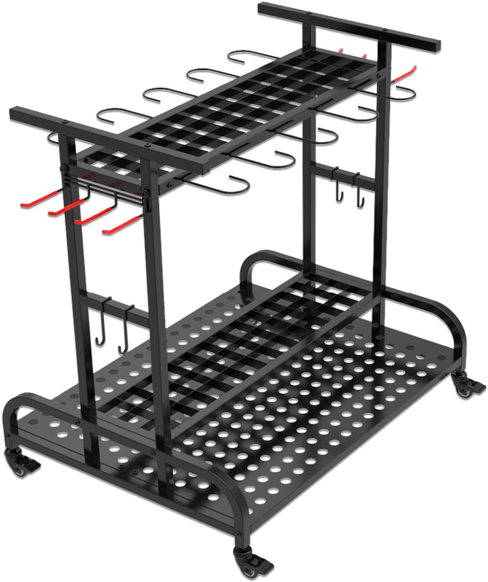 SnelShoppen - Opbergorganizer Tuingereedschap 360° Draaibaar Torenrek Trolley met Wielen 3-Laags Gereedschapshouder Standaard Plank voor Garage Tuin G