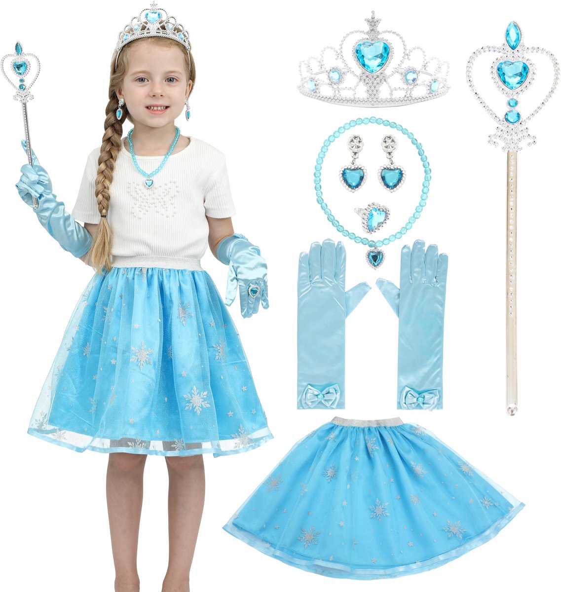 SnelShoppen - Meisjes Kostuum Accessoires Tutu Set voor Cosplay, Blauwe Prinses Outfit voor Feesten, Geschikt voor Kinderen van 3 tot 8 Jaar