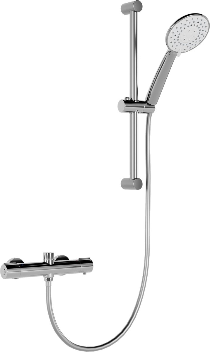Thermostatische douchemengkraan complete set – roestvrij staal 304, veiligheidsknop voor 38°C, hoogteverstelbare doucherail, handdouche met 3 functies, 250 mm regendouche, 1,5 m slang, chroom, eenvoudige montage