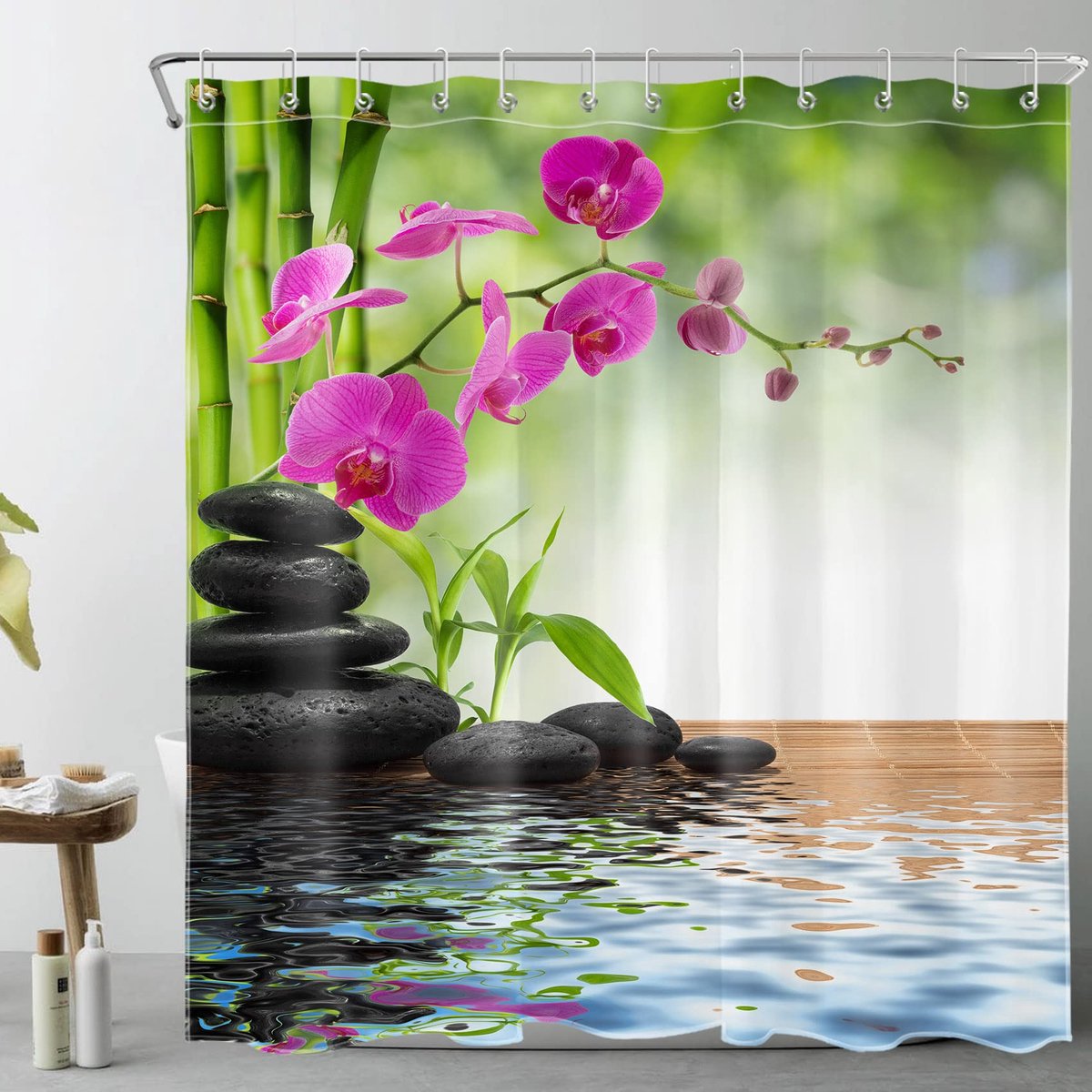 SnelShoppen - LB Douchegordijn Japanse Zen Spa - Anti-schimmel Waterdicht Wasbare Stof - Badkamer Decor - Inclusief Haken - 150x180cm