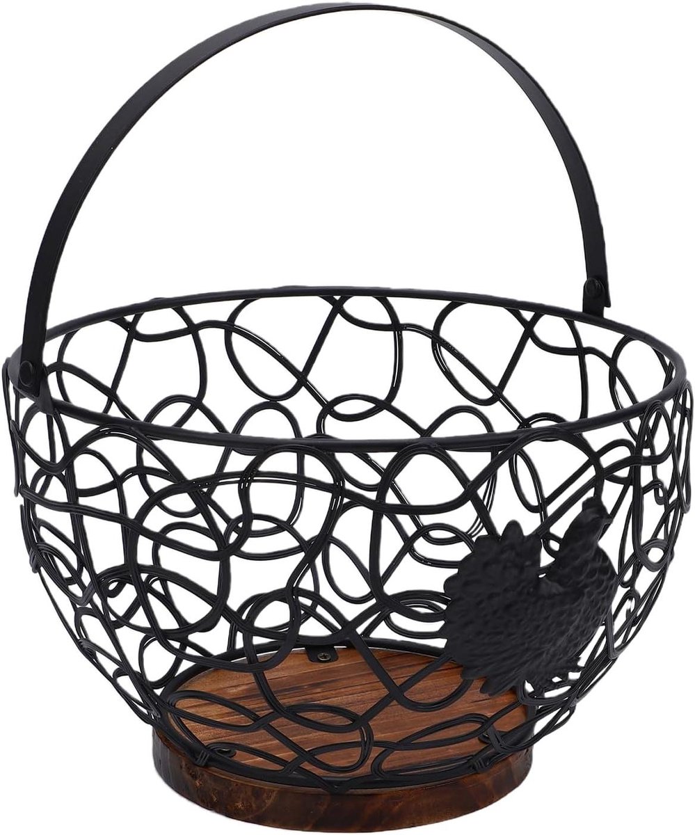 Eiermand Metaal - Draadmand Kip - Eieren Verzamelen - Decoratieve Haan - 21x21x15 cm - Zwart