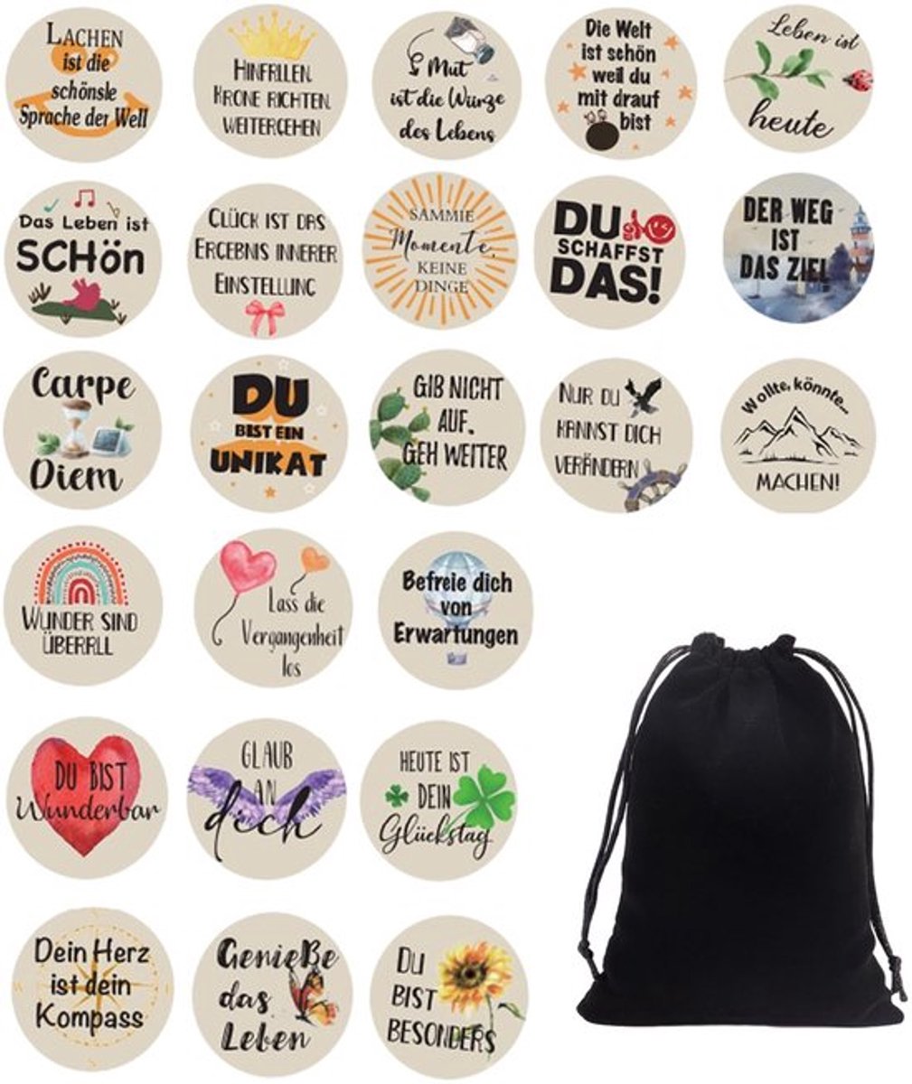 Geluksbrengers 24 stuks - Houten Geluksbrenger - Ronde Mini-souvenirs - Inspirerende Citaten - Fluwelen Zakje - Tafeldecoratie - Gelukssteen