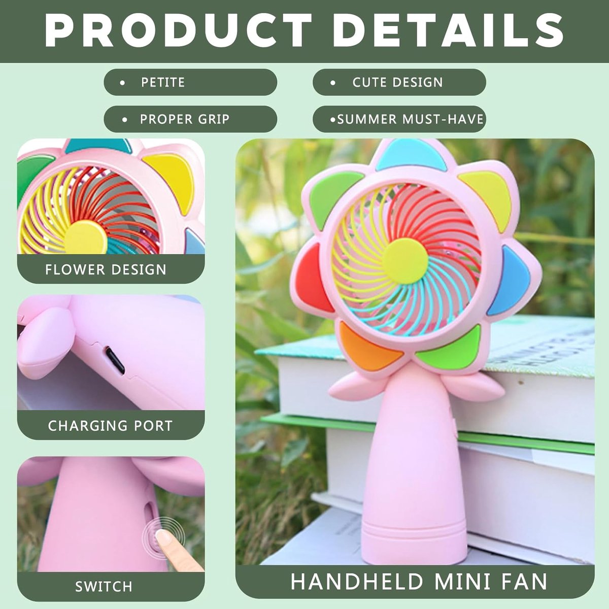 SnelShoppen - YOUYIKE LED Mini Fan - Draagbare USB Ventilator in Bloemvorm - Oplaadbare, Stille Mini Ventilator voor Buiten, Kantoor, Slaapkamer - Roz