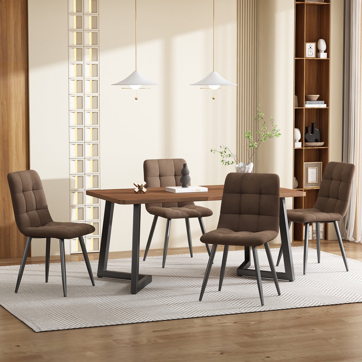 MEUNIQ eettafel en 4 stoelen set 5-delig, rechthoekige eettafel 117 x 68 cm met walnootkleurig MDF tafelblad en zwarte metalen poten, bruine fluwelen stoelen