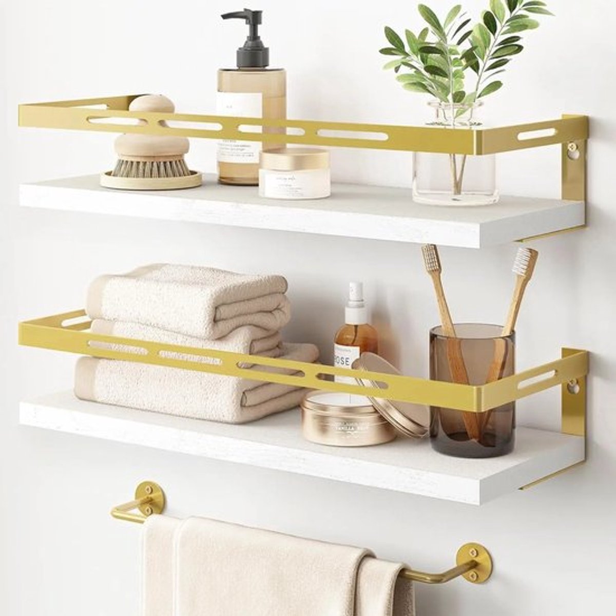 Zwevende planken voor badkamerorganisatie boven toilet, wandplank voor badkamer met handdo