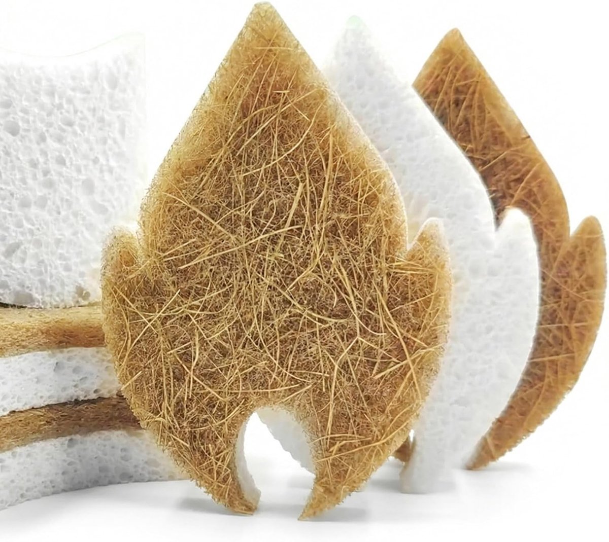Set van 6 krasvrije afwassponzen van kokosvezel en houtstof-cellulose, ideaal voor servies, keuken en huishouden