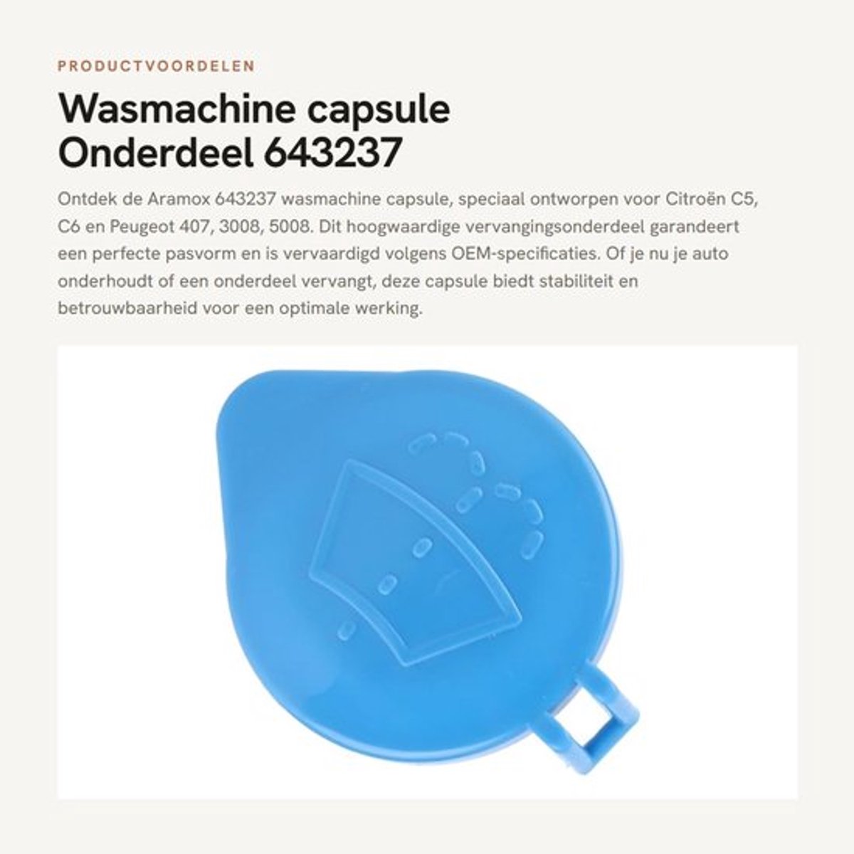 Wasmachine Capsule 100% Nieuw - Vervangt OE-Nummer 643237 - Geschikt voor C6/407/3008/5008 - Kunststof - Blauw - Hoge Betrouwbaarheid - Afsluitdop