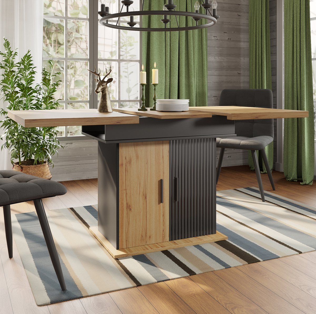 MEUNIQ Uitschuifbare eettafel 110-140 x 80 x 75 cm, rechthoekig, met opbergruimte, zwart en naturel, retro stijl, voor keuken en woonkamer