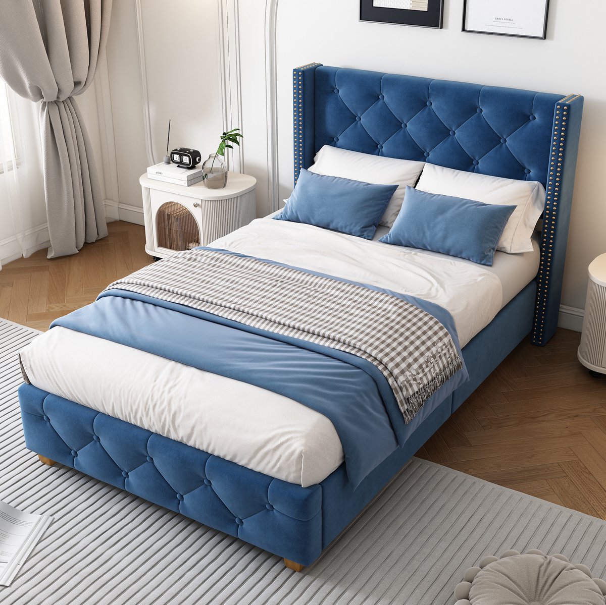 COVREO Polsterbed 90 x 200 cm – blauw samtmateriaal, lattenbodem, knoop- en noppendecor