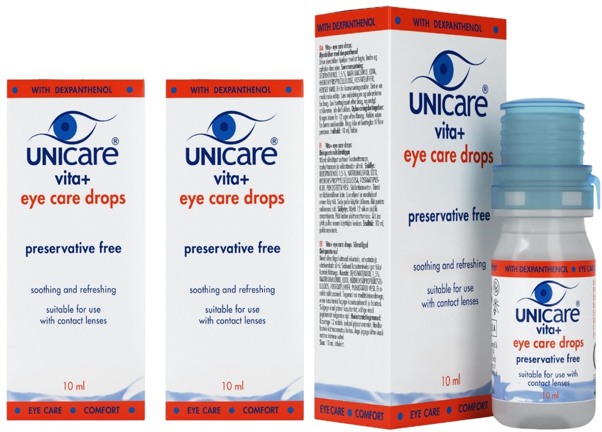 Unicare Vita+ - Oogdruppels 3 x 10 ml - Conserveringsmiddelvrij - voor Droge en Vermoeide Ogen - met Dexpanthenol 1,5% - Geschikt voor Contactlenzen