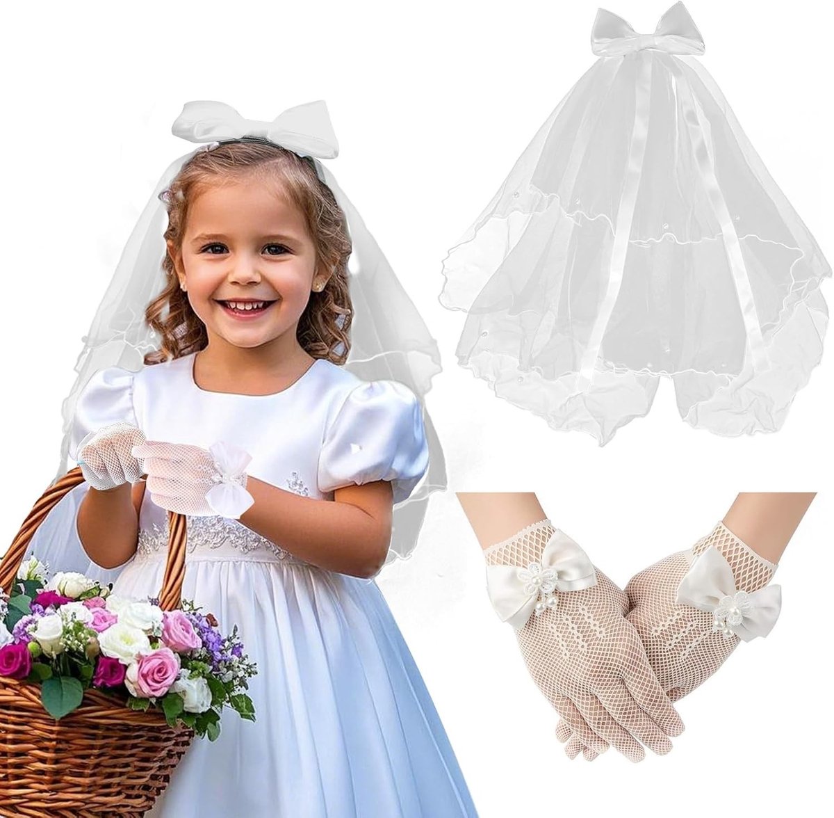 Prinsessen Haarspeld en Handschoenen Set met Witte Parels, Perfect voor Bruiloft, Eerste Communie en Halloween Kostuum voor Meisjes