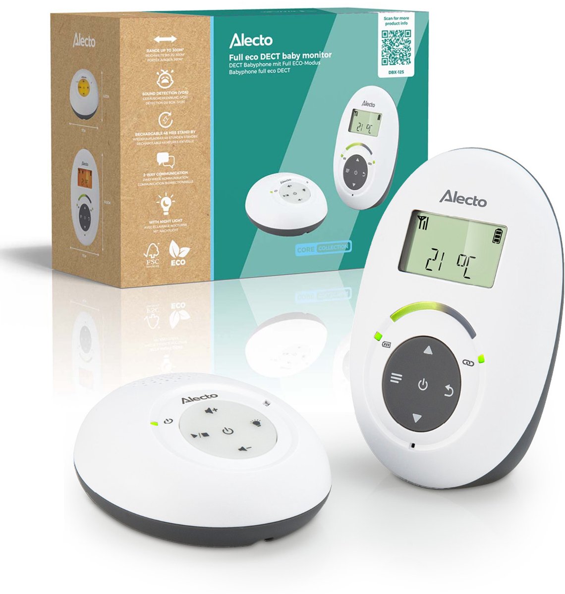 Bol.com Alecto DBX-125 - Full Eco DECT Babyfoon met Display - Wit aanbieding