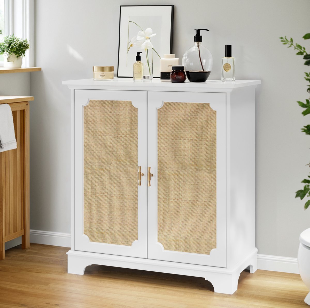 MEUNIQ dressoir 80 x 38 x 86 cm met 2 rotan deuren en verstelbare plank, witte buffetkast voor woonkamer, eetkamer of hal met opbergruimte