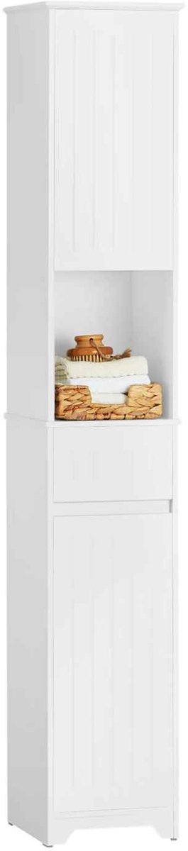 CORE Hoge Badkamerkast - Smalle Opbergkast met Legplanken - Badkamergarderobe en Linnenkast - Hoge Kast voor Handdoeken, Toiletartikelen en Badkameraccessoires - Ruimtebesparend Badkamermeubel - Modern Design - 30x30x170cm - Wit/Zwart