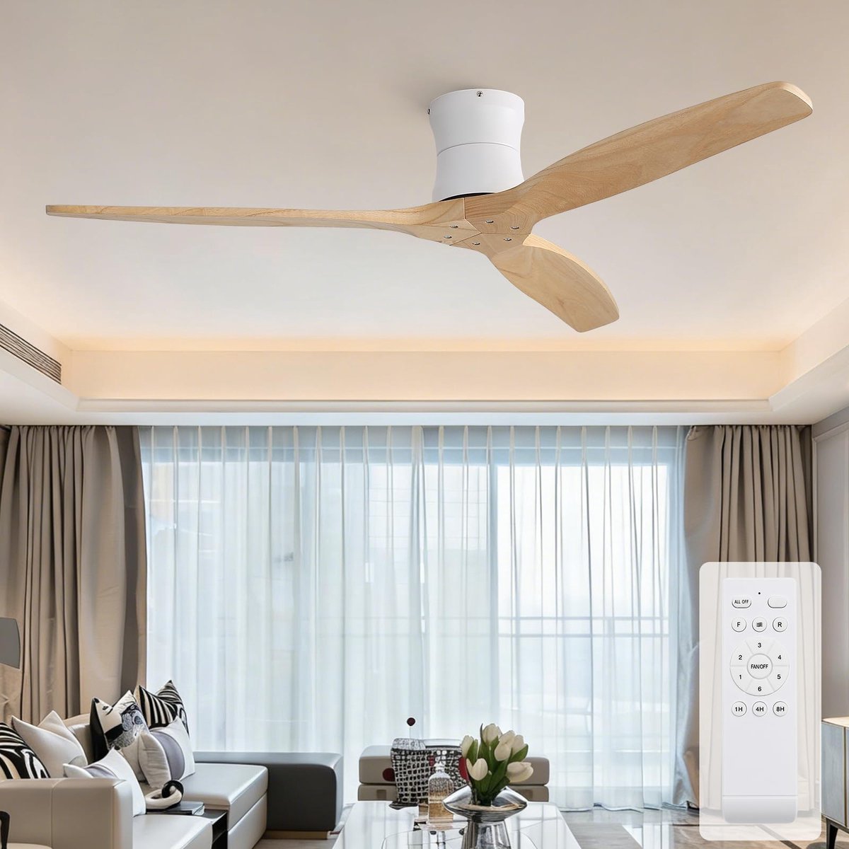 SnelShoppen - Plafondventilator 132cm met Afstandsbediening, Massief Hout, Stille DC, Timer, 6 Snelheden, Zomer en Wintermodus voor Woonkamer en Slaap