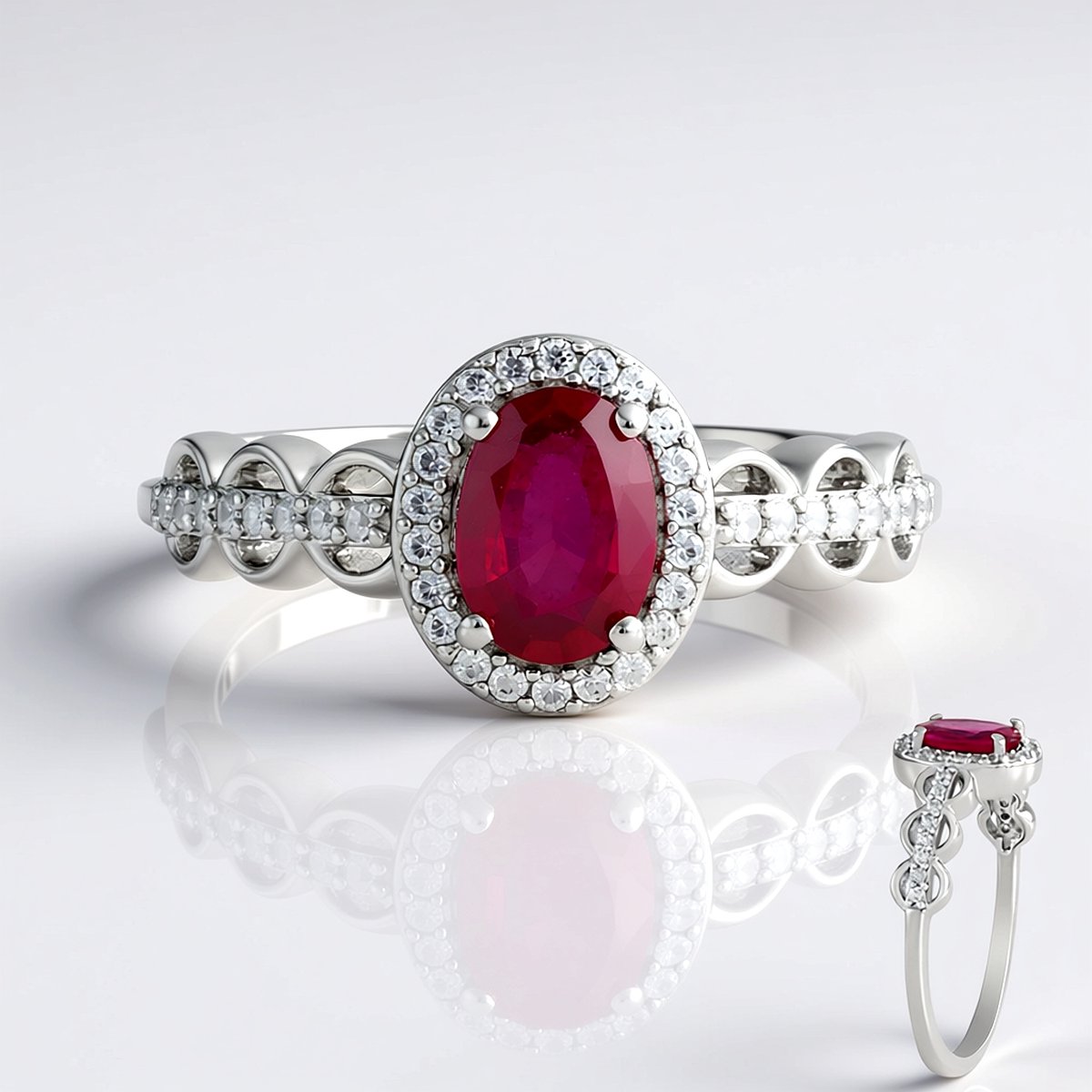 Cavill - Luxe Zilveren Ring met Bemainty Robijn 0,941 ct - 925 Sterling Zilver Geplatineerd - Ovaal Geslepen Robijn uit Madagaskar - Zirkonen Accent