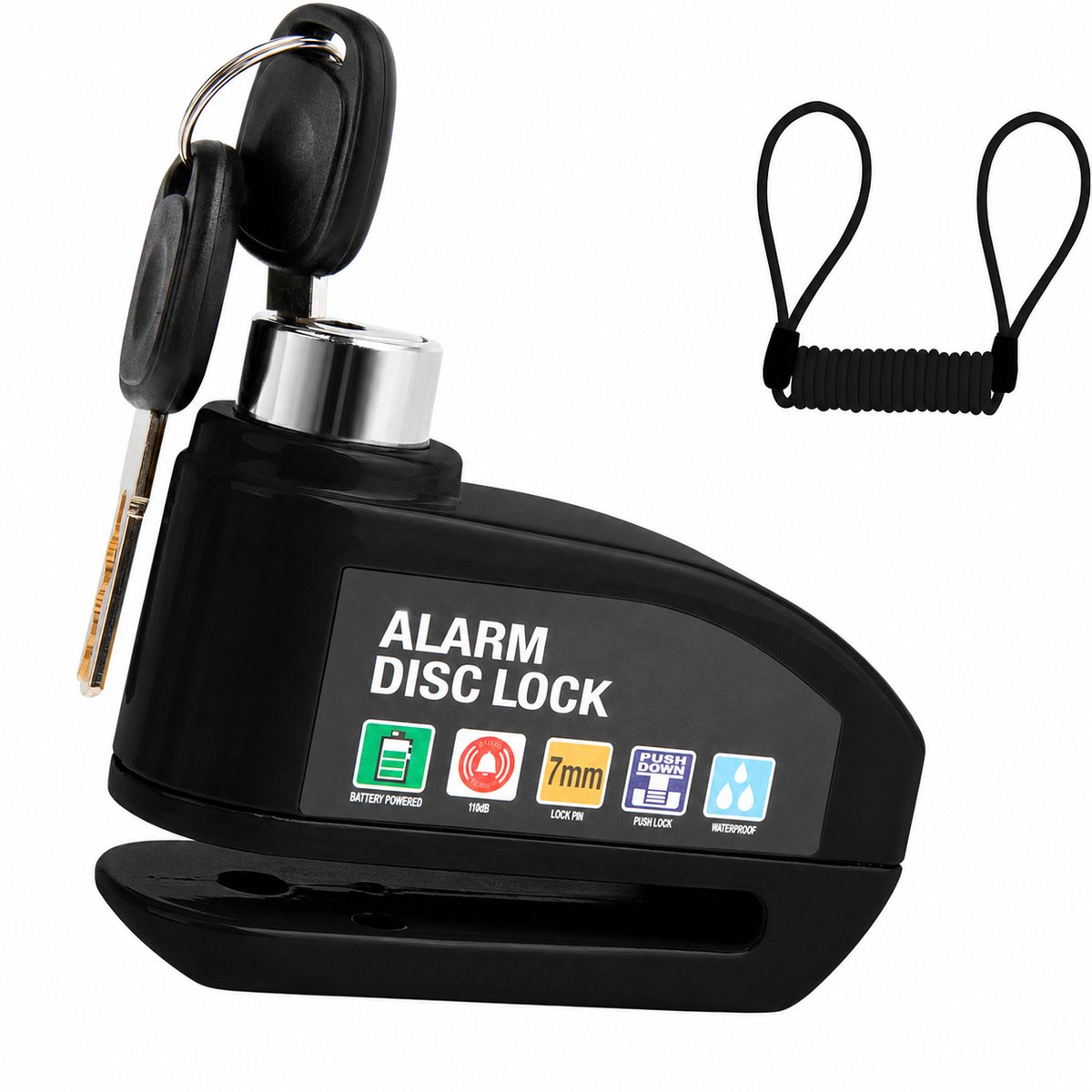 Schijfremslot met Alarm 110 dB - Remschijfslot met alarm - Motorslot en Scooterslot - Motor Alarm Sirene - 7 mm Pen - met Reminderkabel