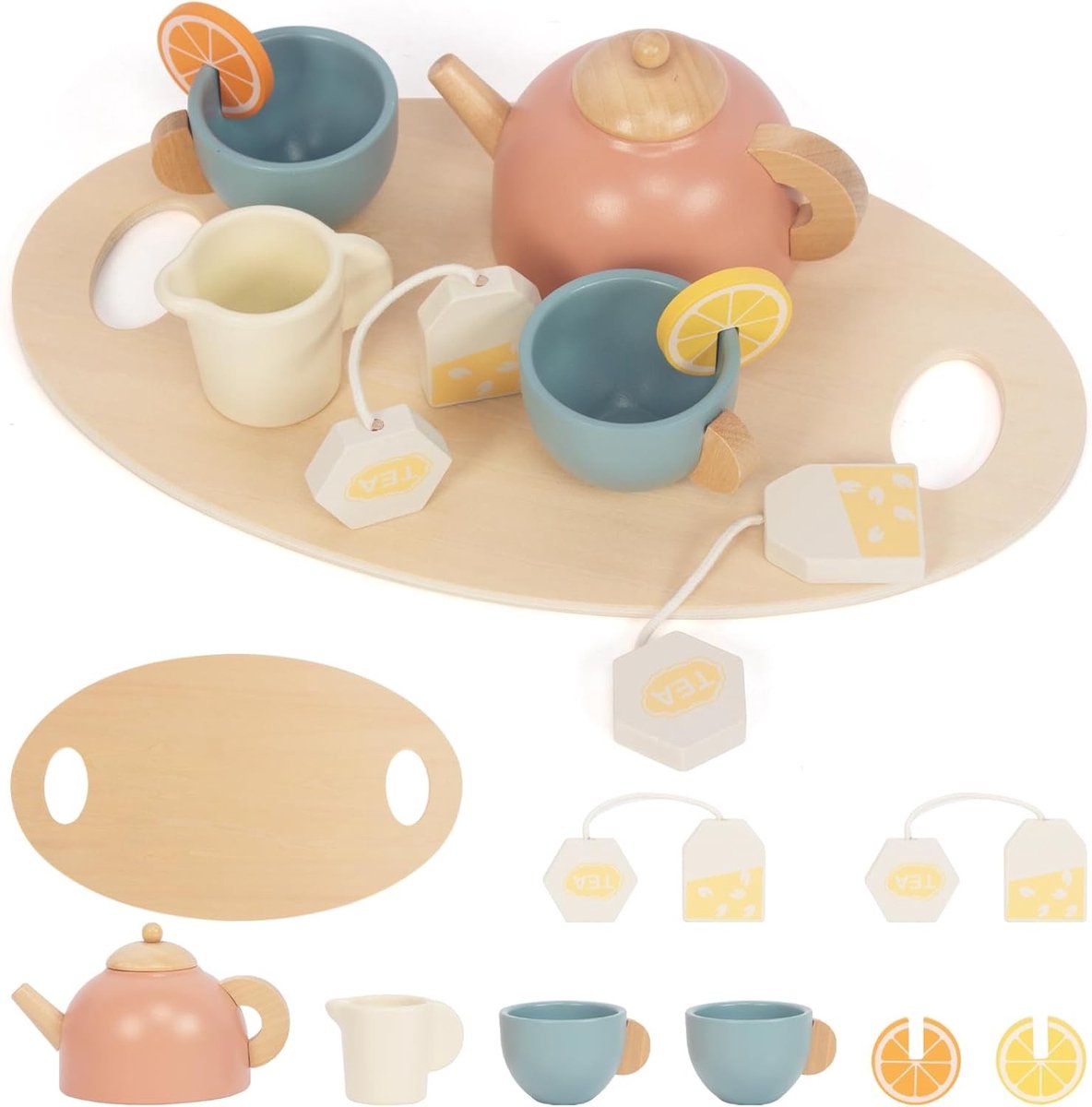 Speelgoed Theeset voor Kinderen - 9-delige Houten Theepartij Set voor Rollenspel en Creatief Spelen, Perfect Cadeau voor Kinderen vanaf 3 Jaar