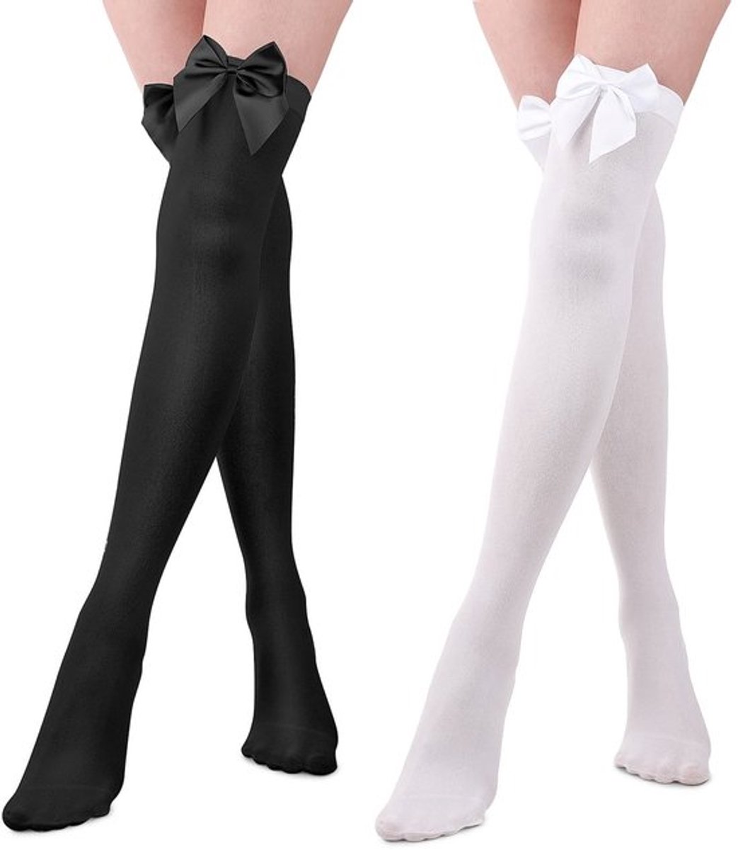 Dijhoge Kousen - 2 Paar - Ondoorzichtig - Strik Kousen - Thigh Highs Sokken - Zwart/Wit - Fluweel/Nylon - Overknee Sokken