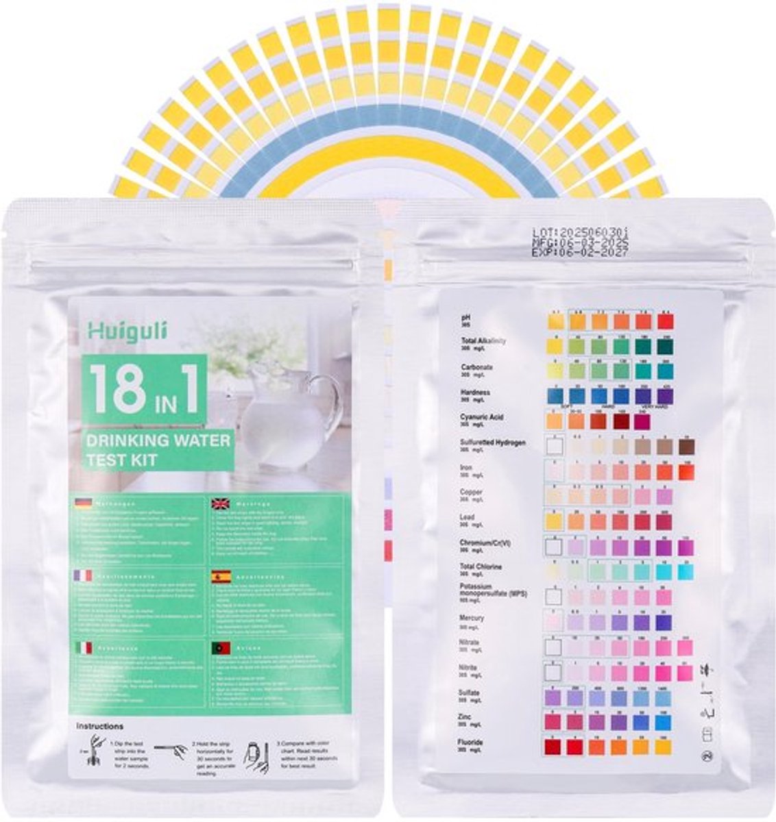 Waterteststrips 18-in-1 - 50 Teststrips - pH-waarde/Nitriet/Chloor - Hardheid/Alkaliteit - Professionele Examens - Zeer Nauwkeurig Vezelpapier - Wateranalyse
