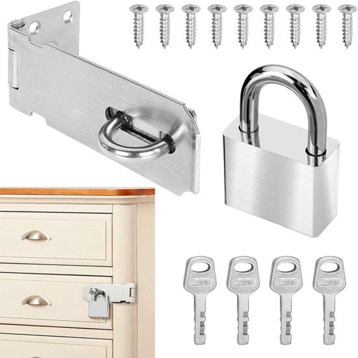 Hangslot haaskit, grendel slot haasp met hangslot en schroeven, slotvoorziening veiligheid overval voor slaapkamer, tuin, schuur, garage, kastdeur (zilver)