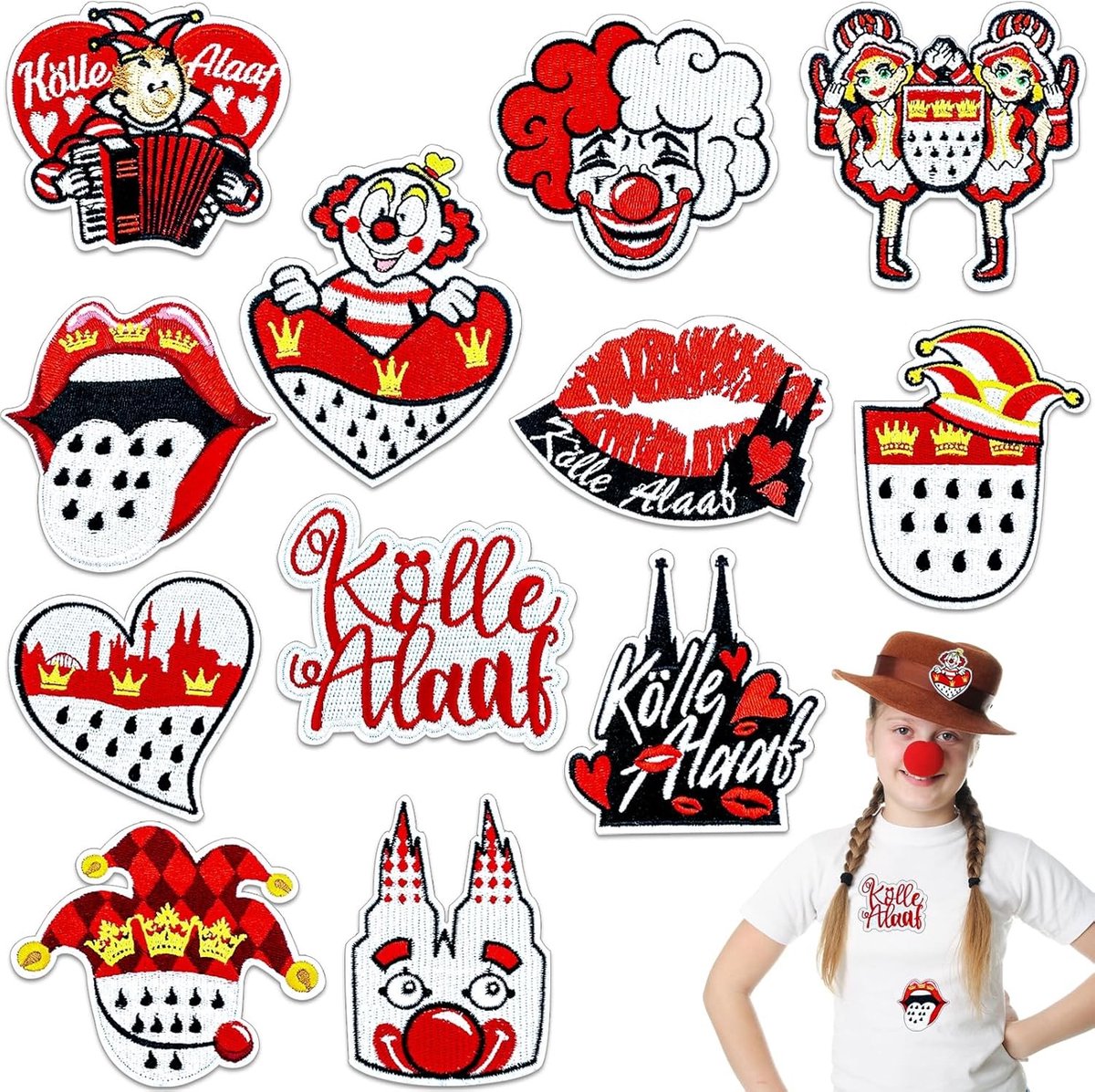 12 Stuks Strijkapplicaties voor Carnaval in Rood en Wit, Geborduurde Patches voor Kostuums en Kleding, Kölle Alaaf Ontwerpen voor Feestelijke Gelegenheden