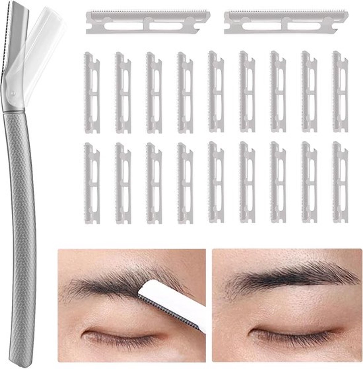 SnelShoppen - Eyebrow Shaver met 21pcs Razor Blades, Herbruikbare Gezichts- en Wenkbrauwschaver voor Vrouwen, Zinklegering, Zilver, Precisie Trimmer v