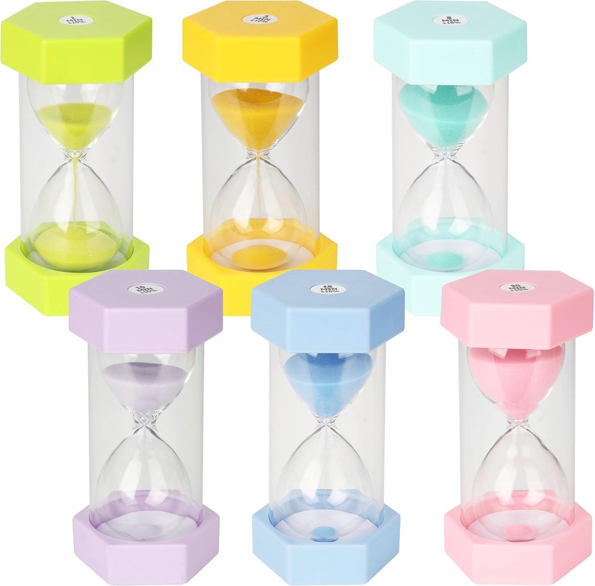 SnelShoppen - Set van 6 Kleurige Zandlopers voor Kinderen - 1/3/5/10/15/30 Minuten - Decoratie voor Thuis en Kantoor - Creatieve Cadeaus