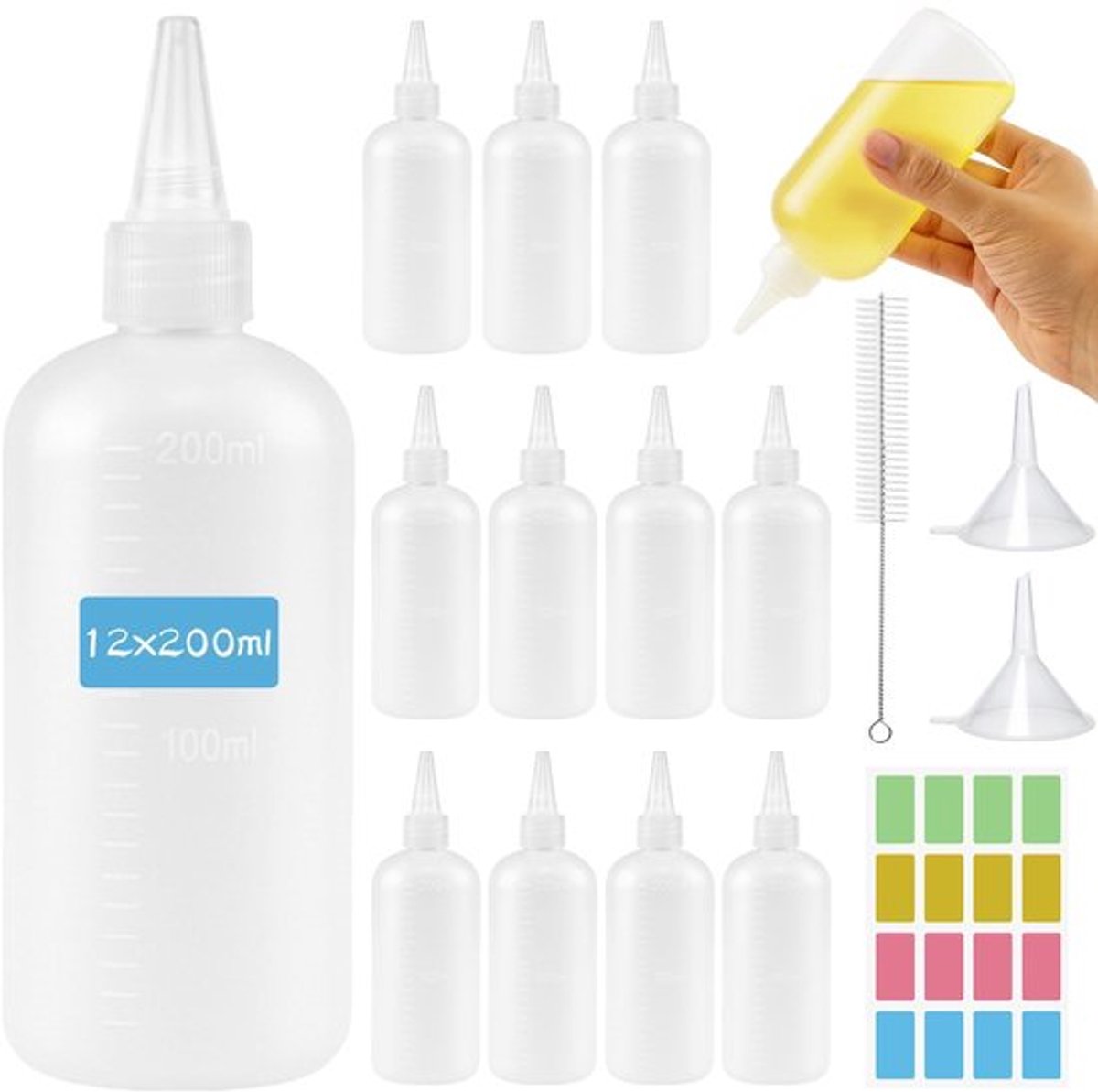 Knijpflessen 12 Stuks - Herbruikbare Doseerflessen 200 ml - Sausflessen - Spuitflessen voor Keuken - Multifunctionele Opslag - Inclusief Reinigingsborstels en Stickers