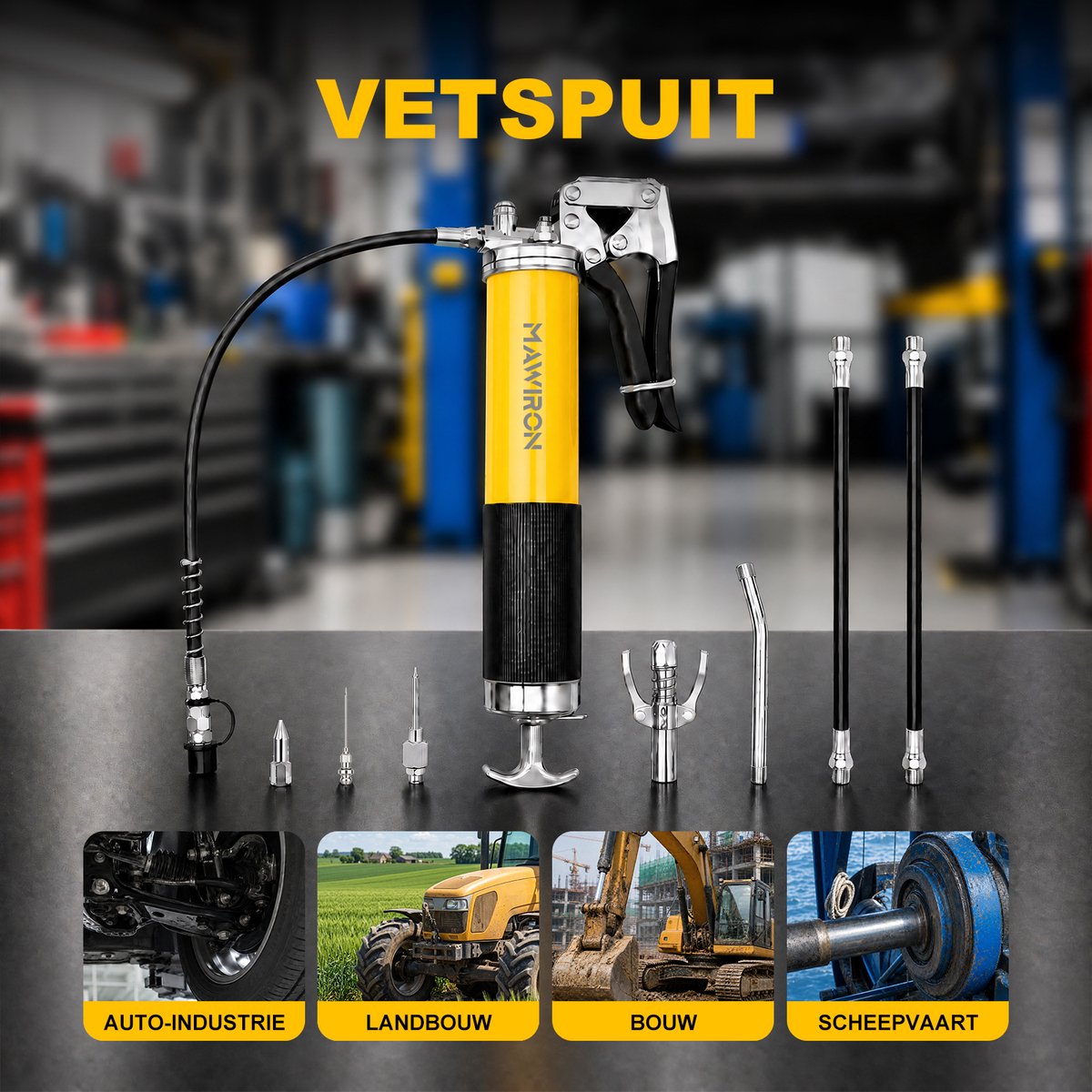 Handmatige Vetspuit / Vetpistool – 450mm & 300mm Slangen + Lange Naald + Dikke Naald + Gebogen Pijp + Dubbel Handgreep – Professioneel Smeerpistool voor Auto, Tractor, Landbouw & Industrie – Zware Kwaliteit