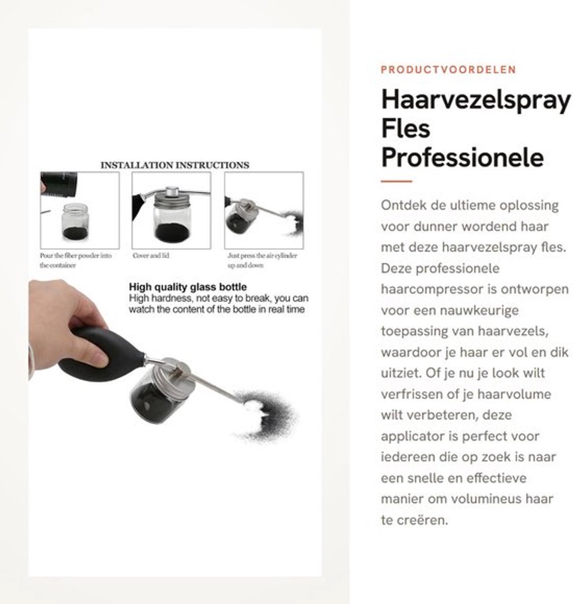 Haarvezelspray Professionele Applicator - Haarcompressor - Haarbouwvezelspray - Verstuiver - Glazen Fles - Duurzaam en Praktisch - Haarapplicator