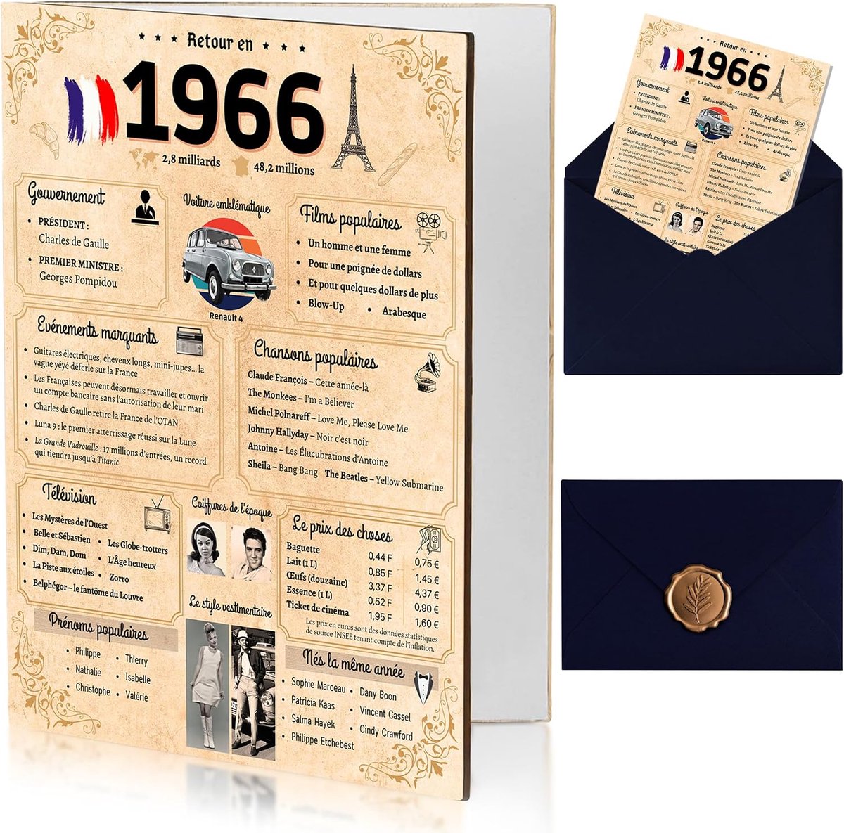 SnelShoppen - Verjaardagskaart 60 jaar, origineel cadeau voor mannen, vrouwen, stellen, grappige kaart, inclusief envelop en waszegel, terug naar 1966