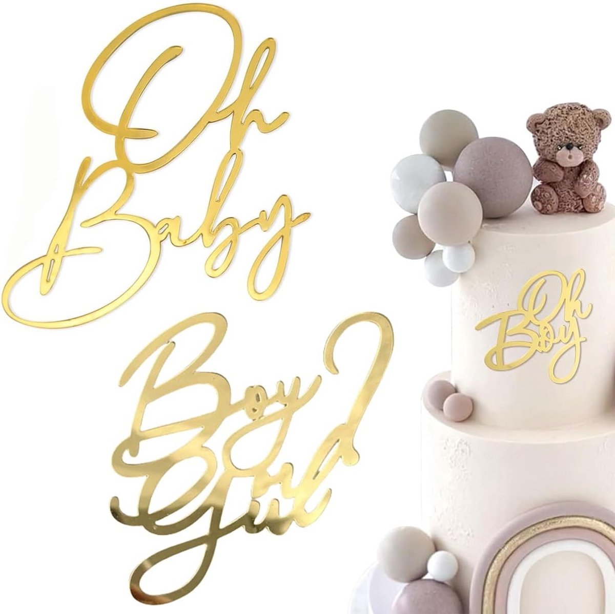 SnelShoppen - 2 Stuks Cake Decoraties, Oh Baby Taart Topper Gouden Acryl, Jongentje of Meisje Taart Topper Baby Shower Taart Decoratie, Gouden Taart A