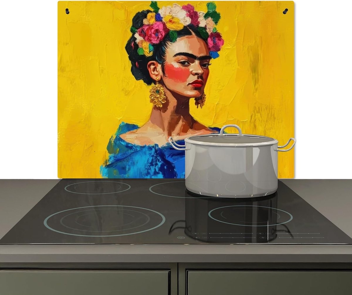 SnelShoppen - Mudguard Keuken 52x71cm Wandbeschermer Achterwand Aluminium Hittebestendig - Frida Kahlo Geel Blauw Bloemen - Splash Bescherming en Kook