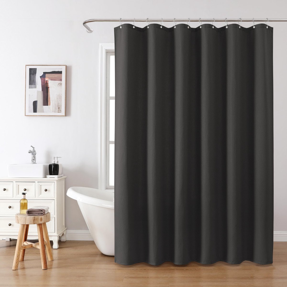 SnelShoppen - Douchegordijn Wafelstof Waterdicht met Metalen Douchegordijnringen - Anti-schimmel Zwaar Badgordijn 182 x 214 cm Zwart voor Badkamer Dou
