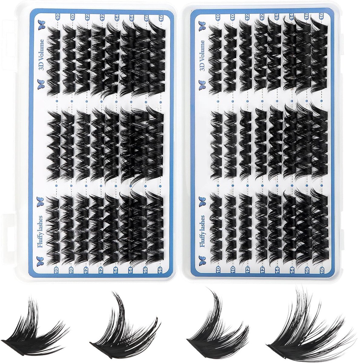 288 stuks individuele wimpers voor doe-het-zelf wimperverlenging, 3D Volume Fluffy clusters, D-krul 10/12/14/16 mm, herbruikbaar en lichtgewicht
