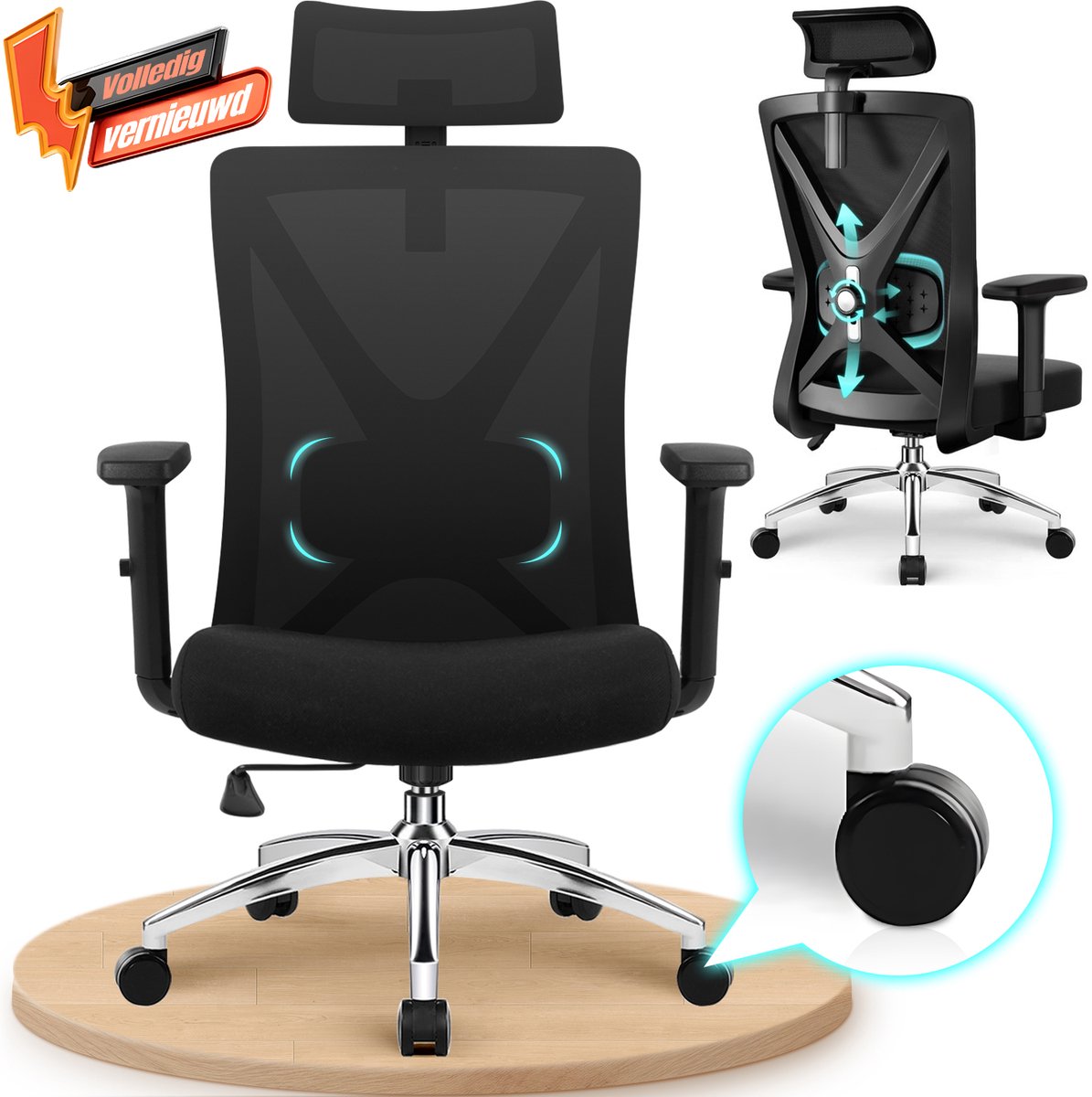 Fukstern Ergonomische Bureaustoel – Bureaustoelen voor Volwassenen – Verstelbare Armleuningen & Hoofdsteun – Zachte Lendensteun – 135° Kantelfunctie – Metalen Voetkruis – Belastbaar tot 155 kg – Zwart
