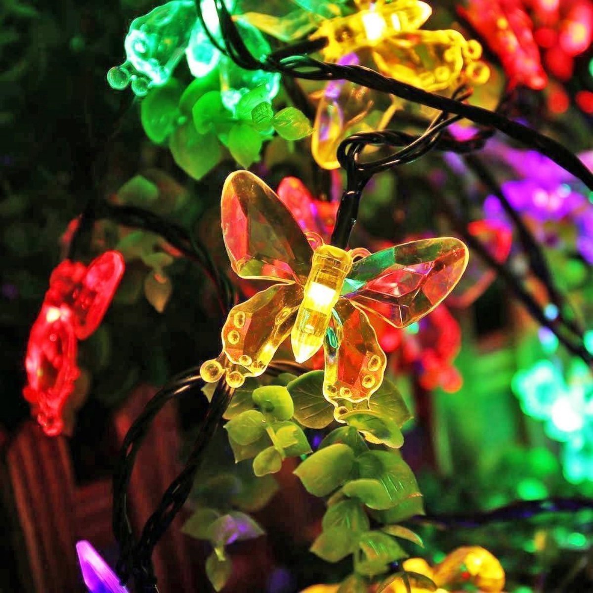GELLDG Solar-vlindersnoer (geschikt voor buiten) – 5 m, 20 leds – Solar-lichtsnoer geschikt voor buiten – Waterdicht led-solar-lichtsnoer – Geschikt voor zomertuinen, bomen, terrassen, bruiloften en feestjes – Meerkleurig