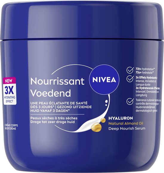 NIVEA bodycrème met de tekst 'Nourissant Voedend' en 'Peaux sèches à très sèches | Droge tot zeer droge huid'.