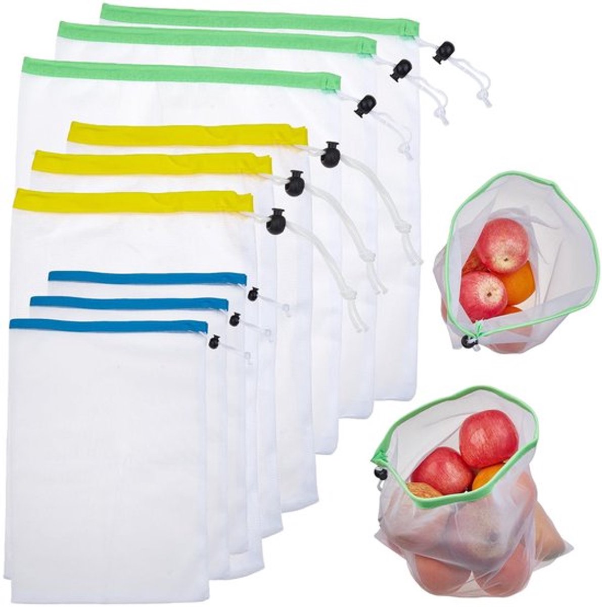 Boodschappentas herbruikbaar - Set van 9 - Polyester - 3 maten - Ideaal voor dagelijks gebruik - Wit - Netvakken met trekkoord - Netzakken