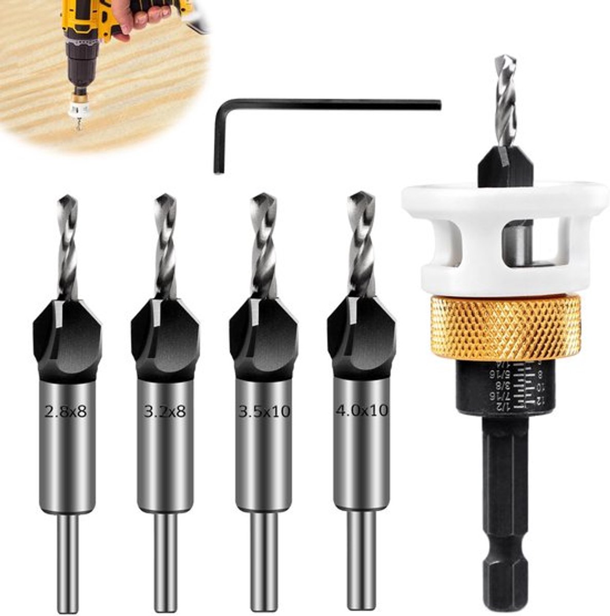 6-delig kegelzinkboorset - Houtboor verzinker - Precisie en gebruiksgemak - 1/4" zeshoekige schacht - Verzinker boorset voor houtbewerkin...