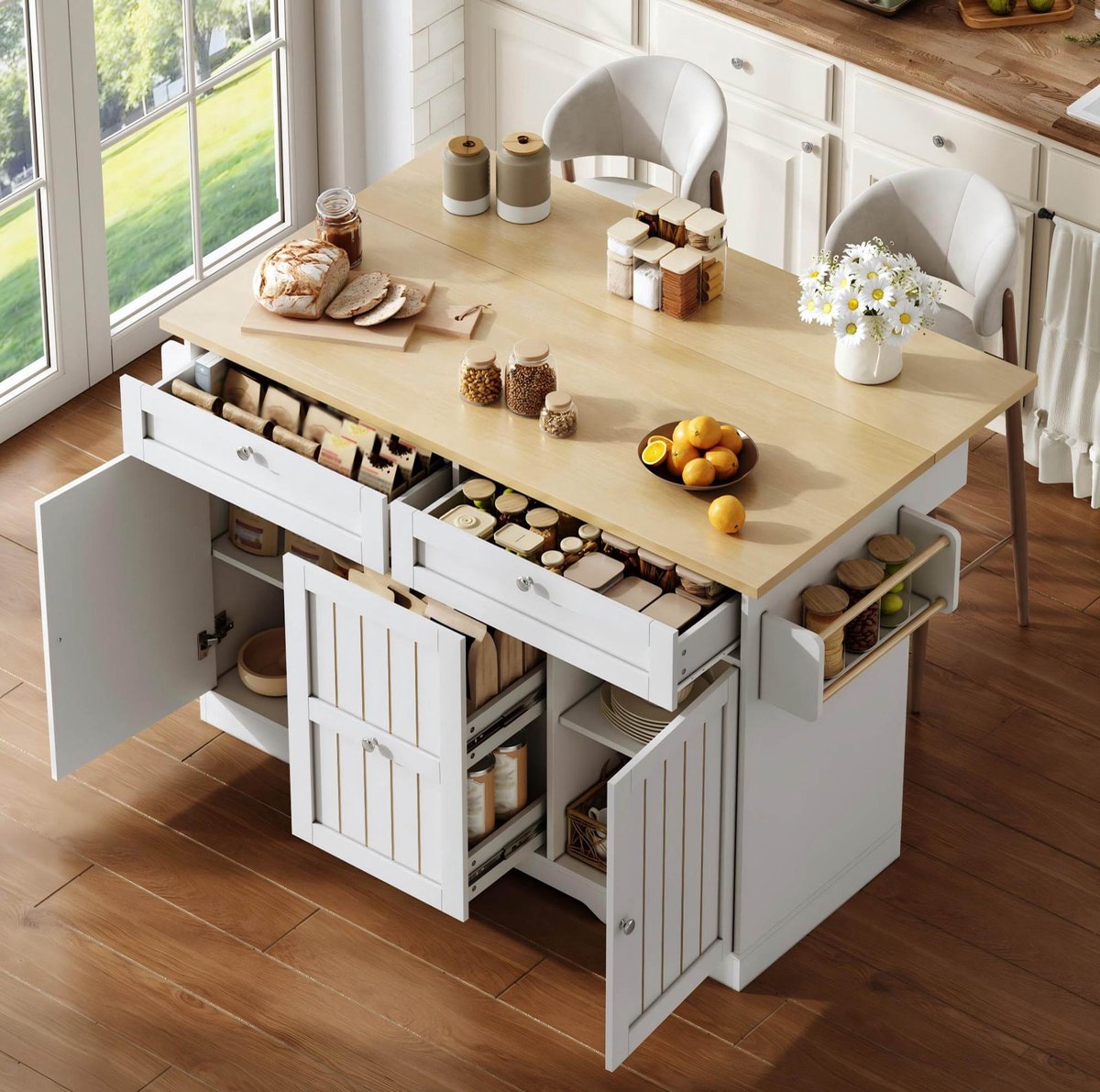DESMIU Keukenkast - Keukeneiland Met Klapbaar Werkblad - Met Verticale Lades En Wielen Voor Keuken - MDF - 120x70x92 Cm - Naturel Wit
